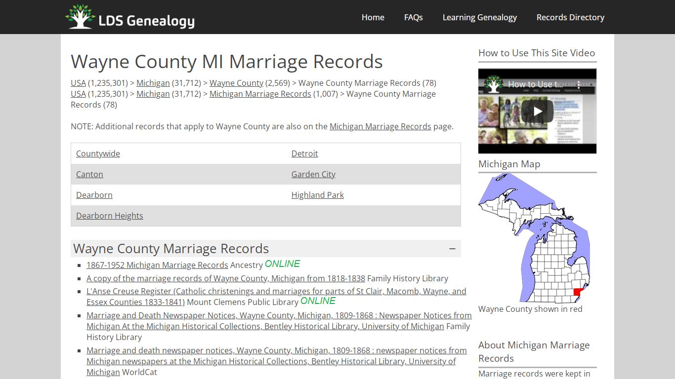 Wayne County MI Marriage Records - LDS Genealogy